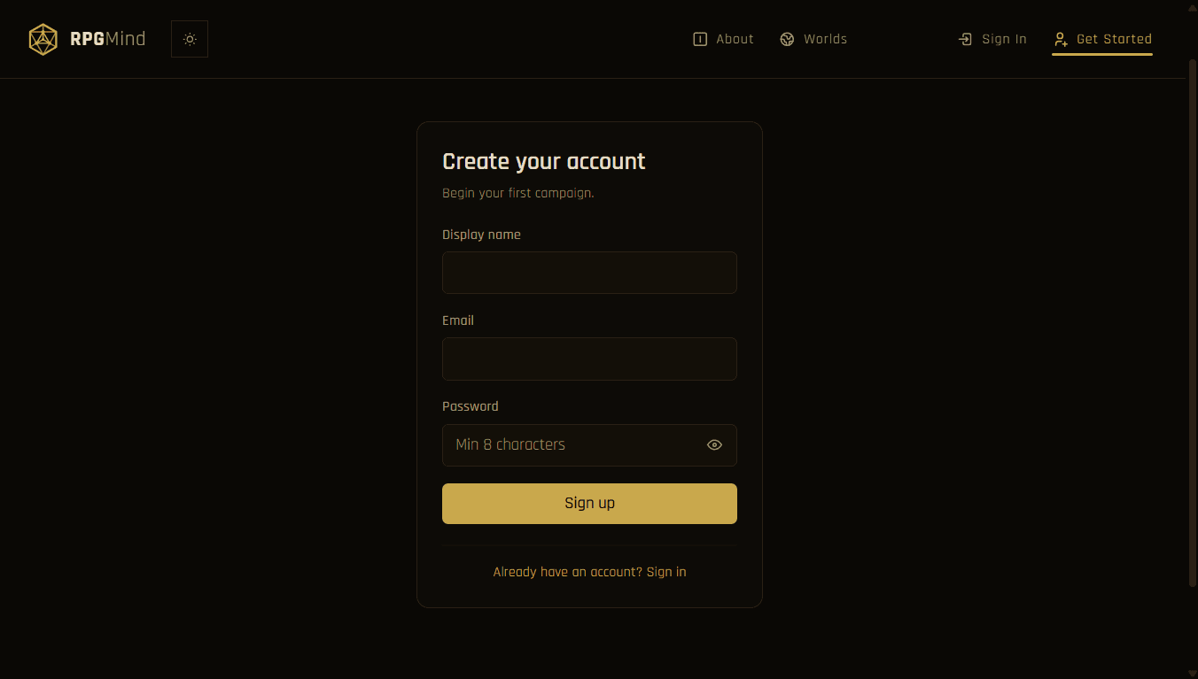 RPGMind sign-up page