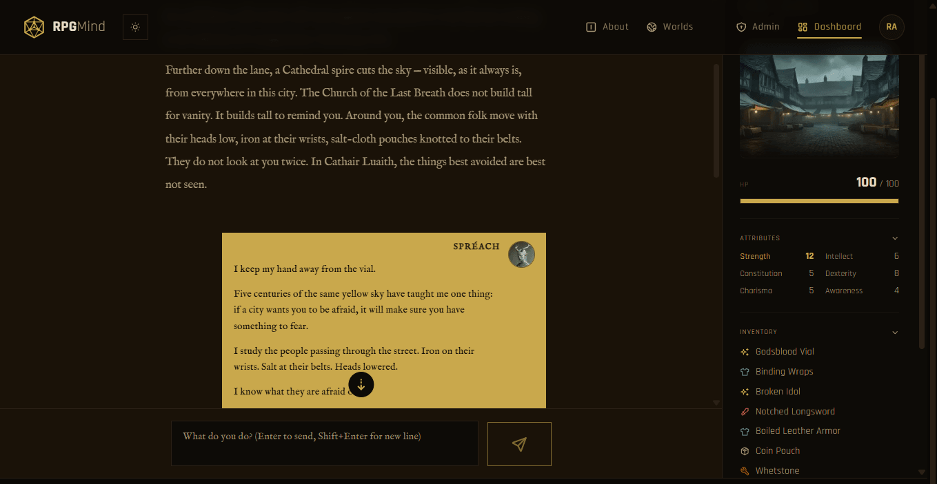 RPGMind live session — AI Game Master narration with the stats panel updating in real time